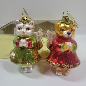 Cat And Dog Angel Christmas Glass Blown Ornaments Set Of 2
